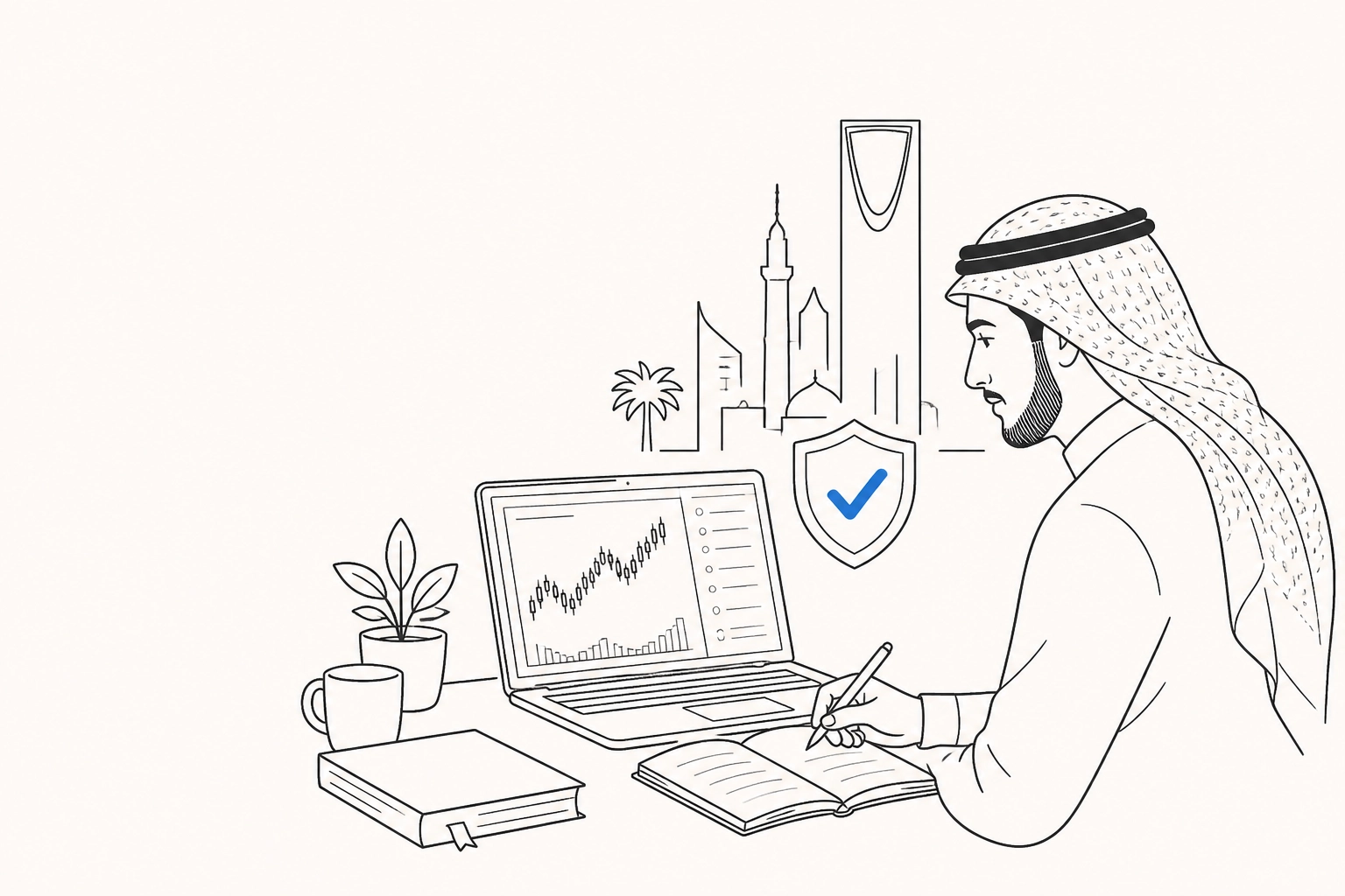 Professional header image for educational tutorial: تعلّم التداول من الصفر: الدليل الأساسي للمبتدئ السعودي